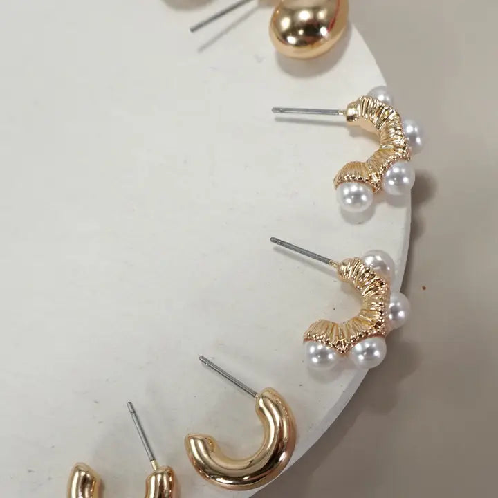 Pearl Huggie Trio Set